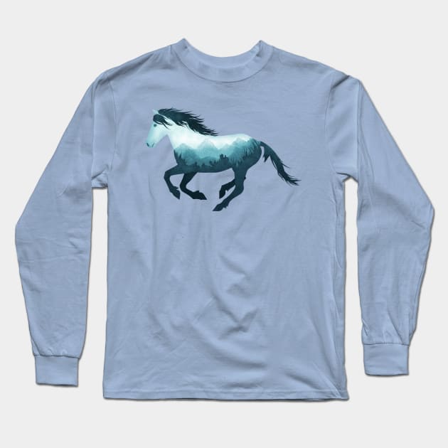 Dramabite Wild Horse Mustang Equine Double Exposure Wildlife Animal Long Sleeve T-Shirt by dramabite